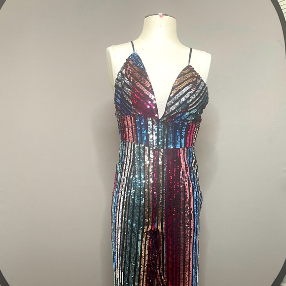 Sequin spaghetti straps multi color jump suit. - Picture 3 of 11